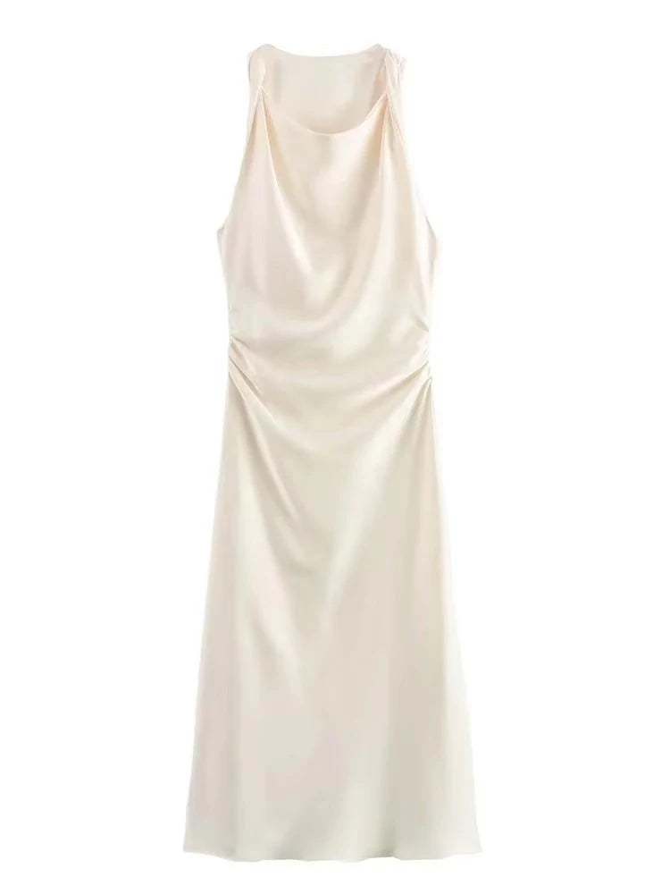 Halter Satin Slip Midi Dress | A-Line Sleeveless Summer Evening Dress