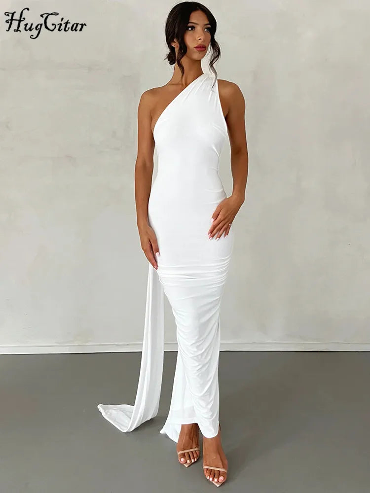 One-Shoulder Ruched Maxi Dress | Backless Scarf Loop Y2K Festival Gown
