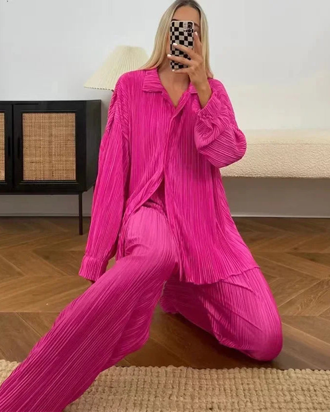 Long Sleeve Shirt & Wide Leg Pants Two-Piece Tracksuit