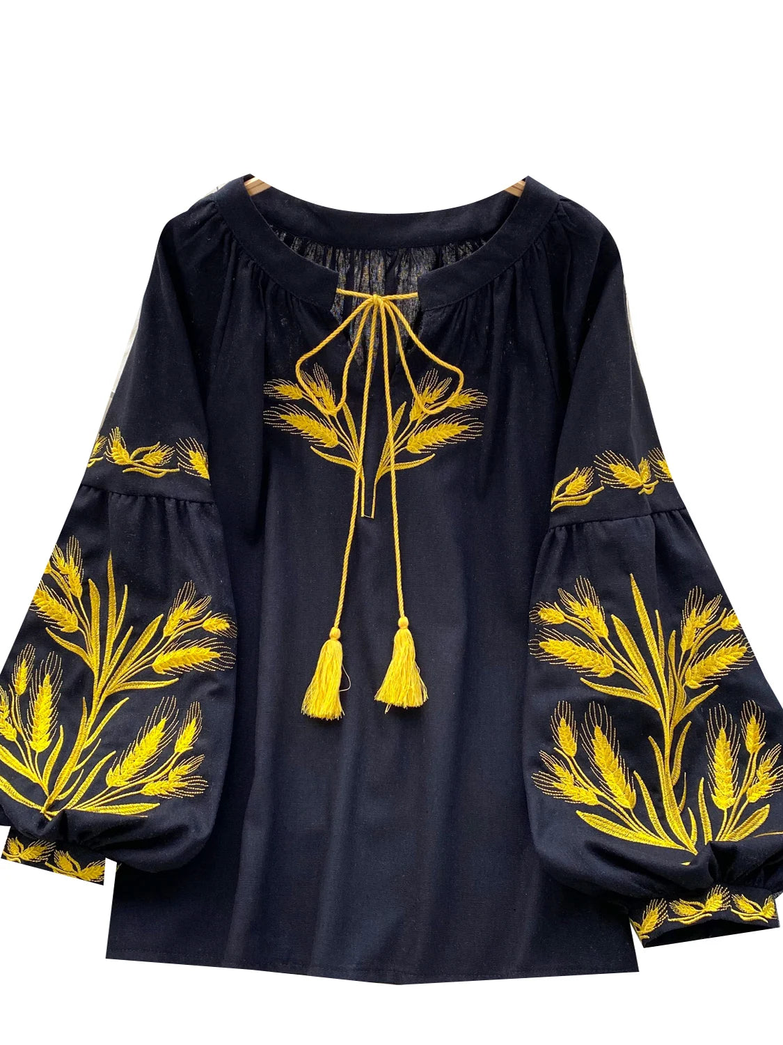 Embroidered Ethnic Lantern Sleeve Top | Retro Belted Boho Blouse