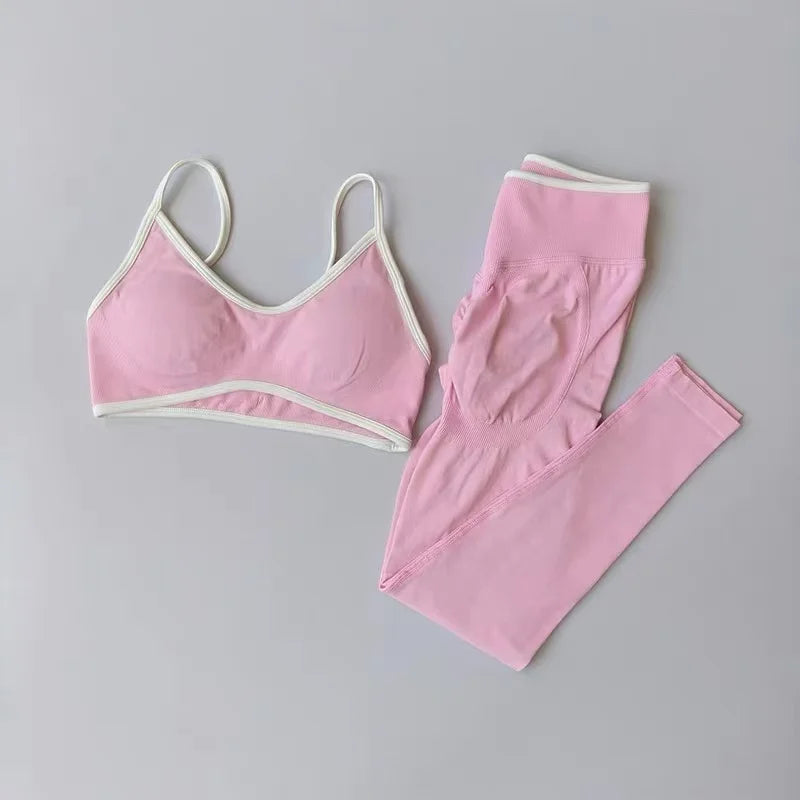 Strappy Contrast Yoga Fitness Suit | Shockproof Quick-Dry Nude Feel Set