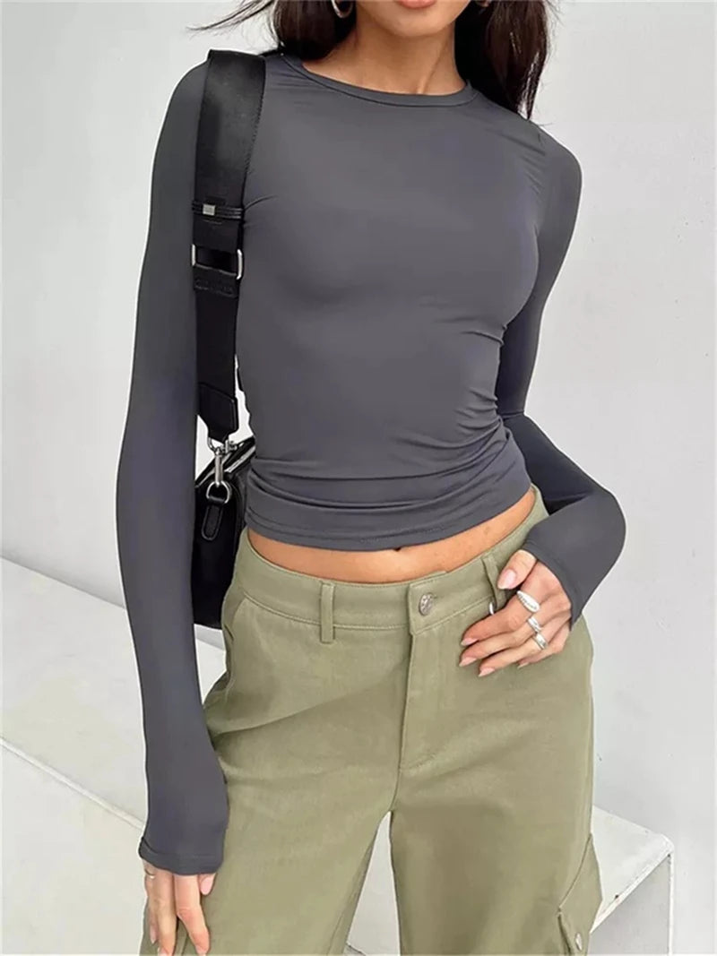 Y2K Long Sleeve Crop Top | O-Neck Skinny Pullover