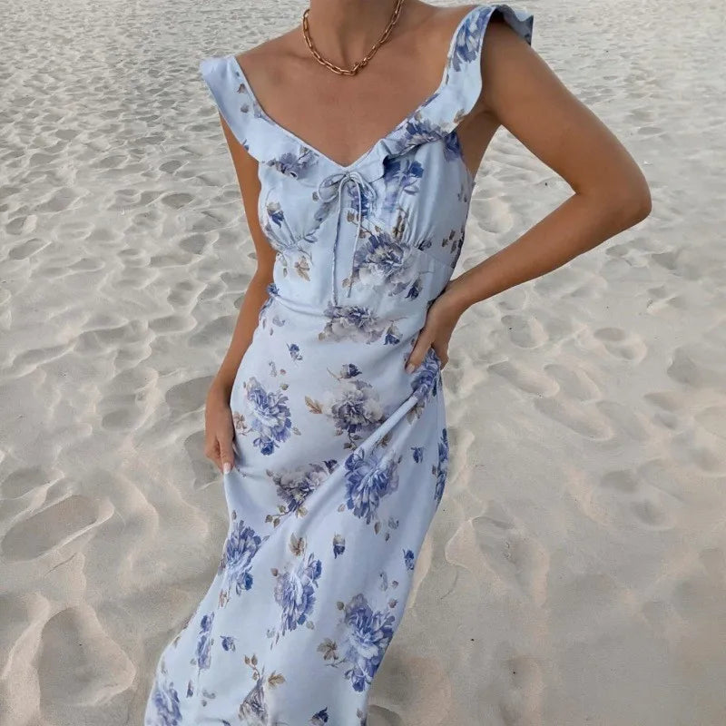 Floral Print Backless Beach Dress | V-Neck Spaghetti Strap Maxi Cami