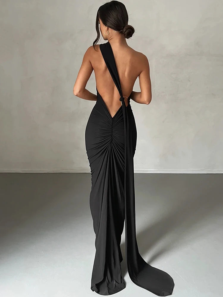 One-Shoulder Ruched Maxi Dress | Backless Scarf Loop Y2K Festival Gown