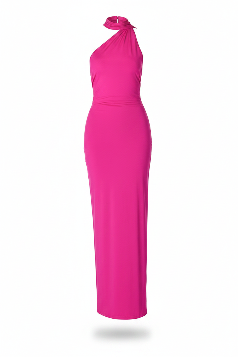 One-Shoulder Ruched Maxi Dress | Backless Scarf Loop Y2K Festival Gown