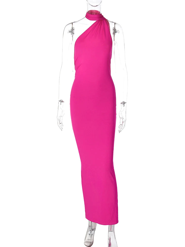One-Shoulder Ruched Maxi Dress | Backless Scarf Loop Y2K Festival Gown
