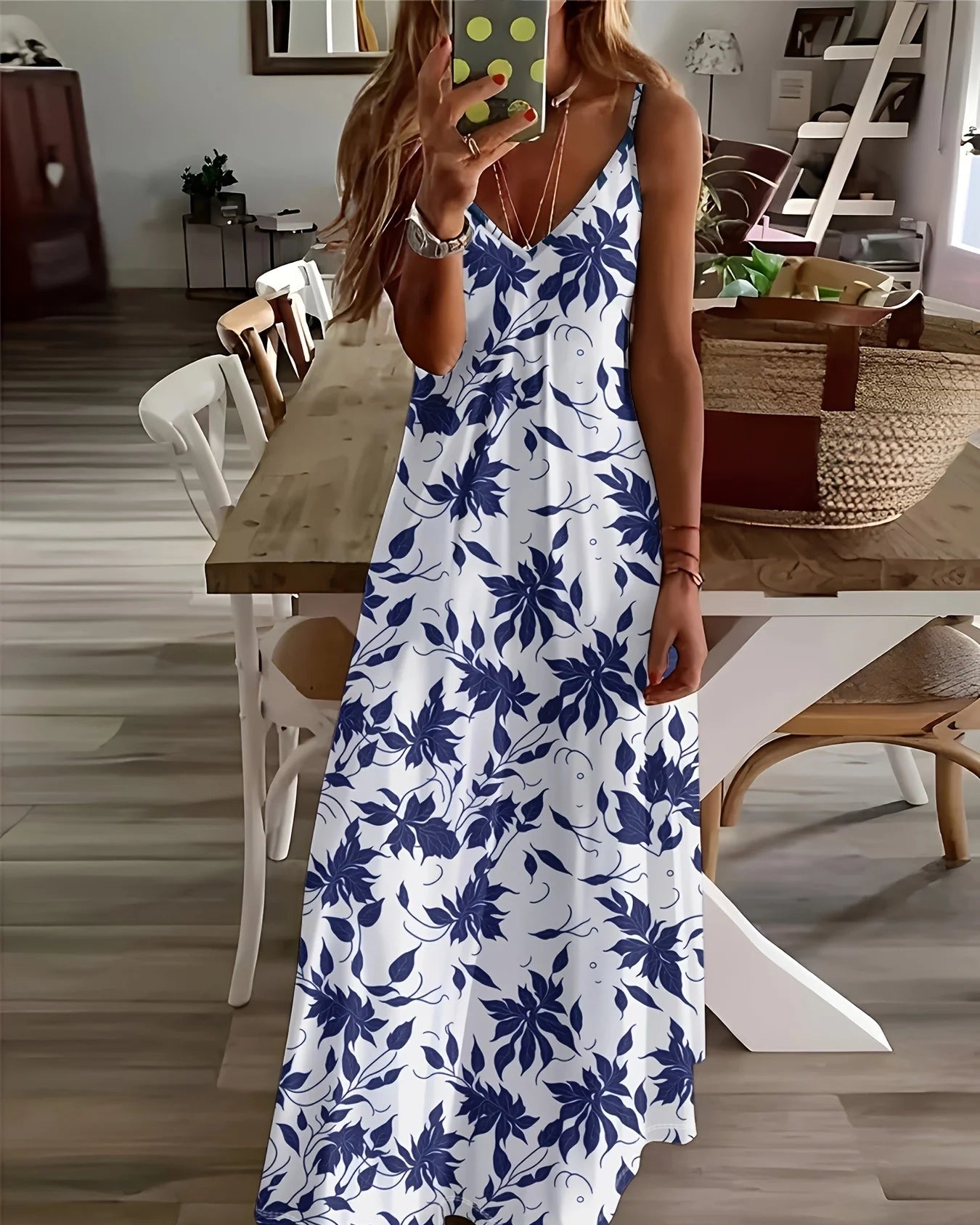 Blue Floral Print V-Neck Sling Dress