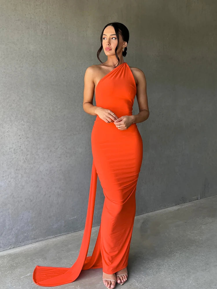 One-Shoulder Ruched Maxi Dress | Backless Scarf Loop Y2K Festival Gown