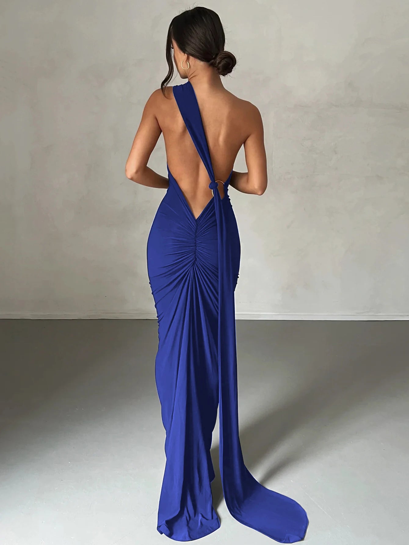 One-Shoulder Ruched Maxi Dress | Backless Scarf Loop Y2K Festival Gown