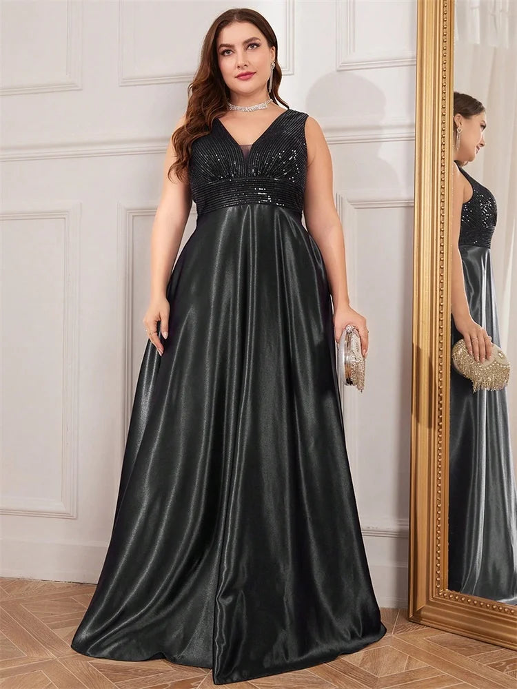 Plus Size Sequin Satin Evening Gown | Deep V-Neck Floor Length Formal Dress