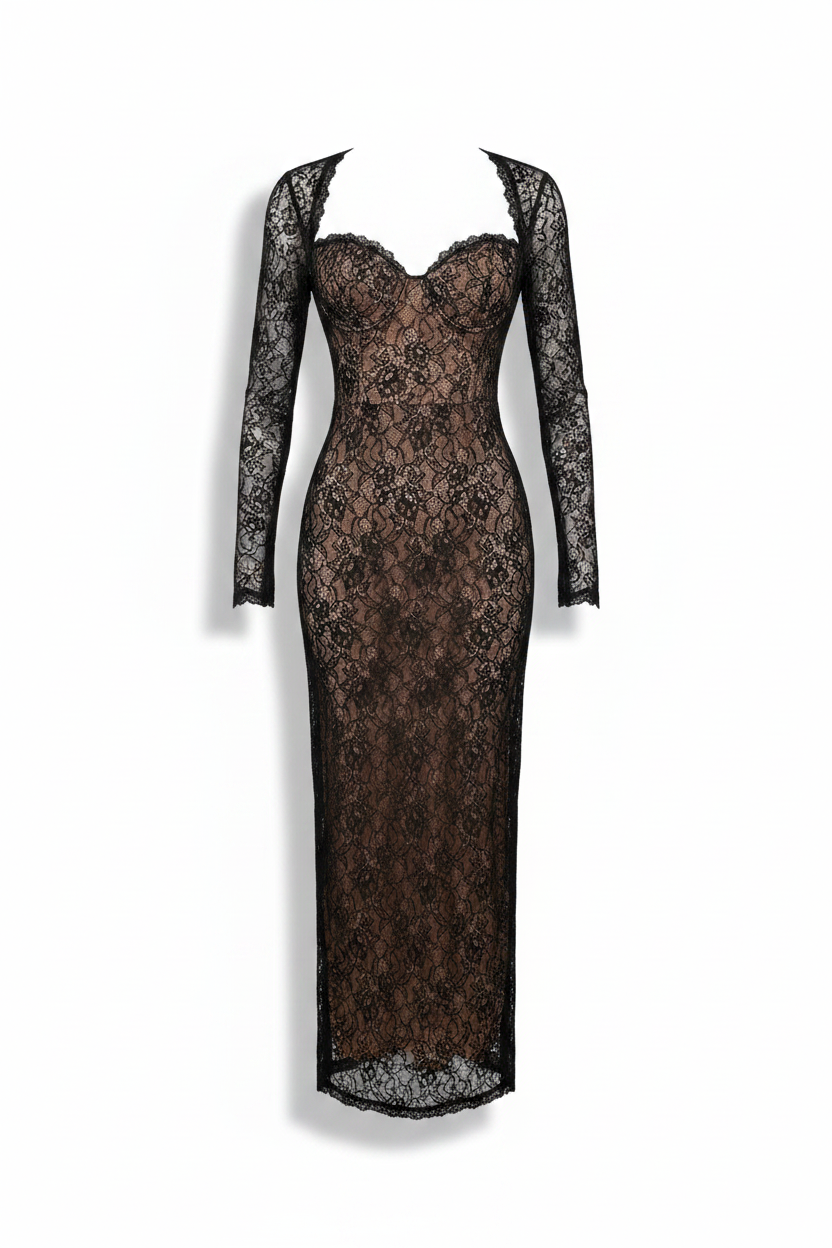 2-Piece Lace Crop Top & Maxi Dress Set | Coquette A-Line Autumn Set