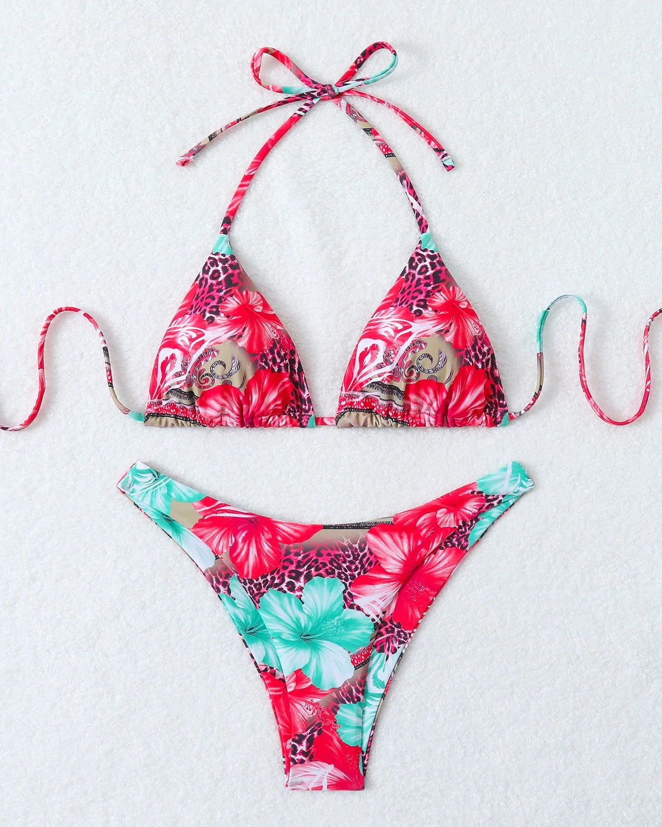 Retro Floral Lace-Up High Waist Bikini