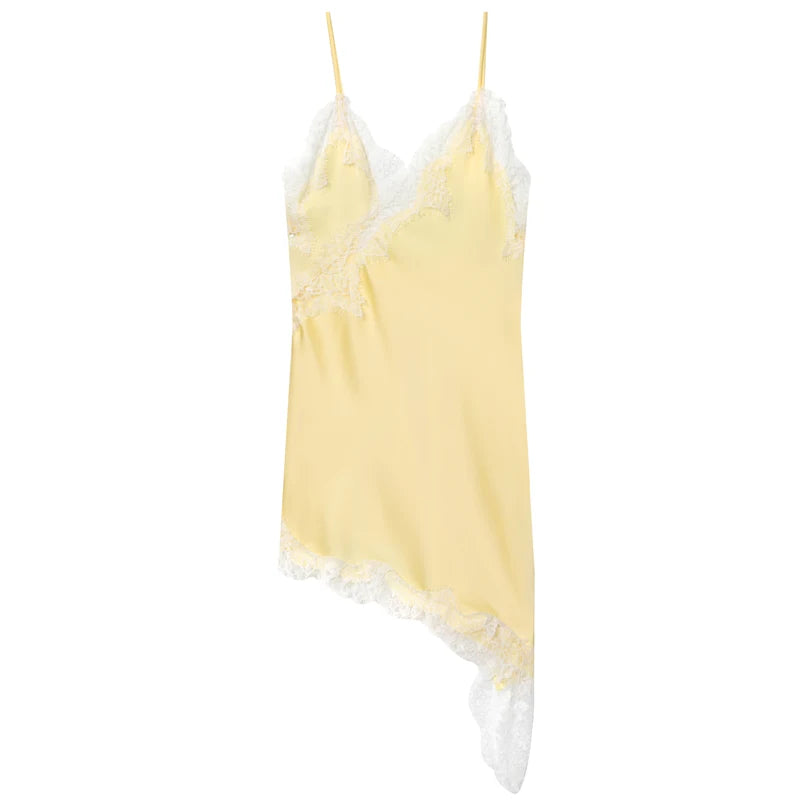 Lace Asymmetric Slip Dress | Backless V-Neck Spaghetti Strap Mini