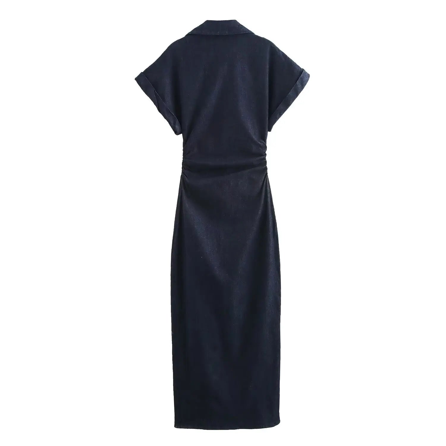 Lapel Collar Denim Midi Dress | Side Zipper Pencil Dress