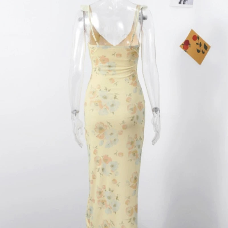 Floral Print Backless Beach Dress | V-Neck Spaghetti Strap Maxi Cami
