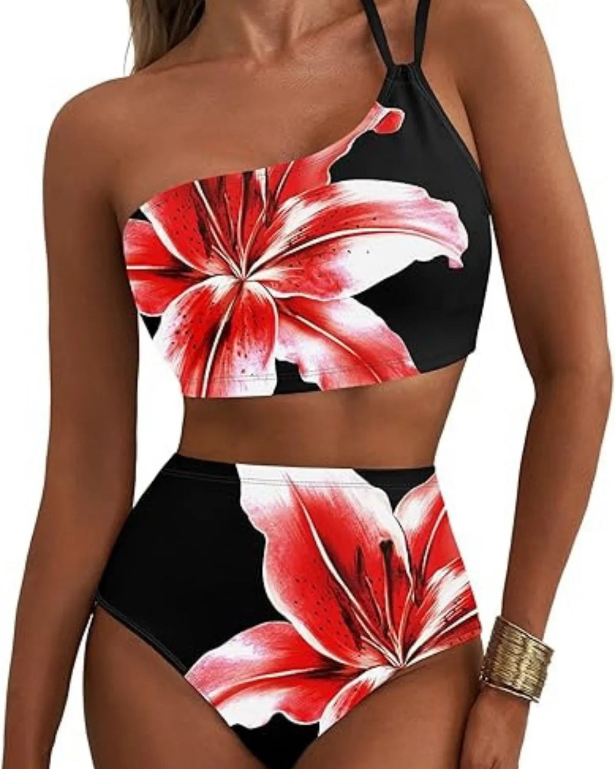 One Shoulder Patchwork High Waist Bikini