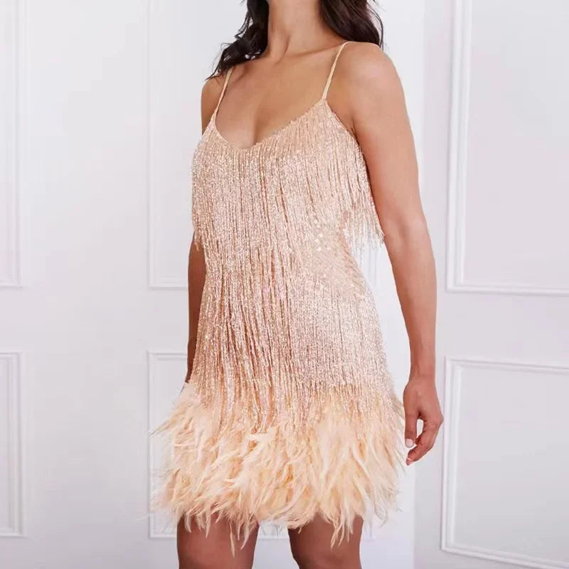 Sequin Feather Mini Dress | Tassel Spaghetti Strap Party Dress