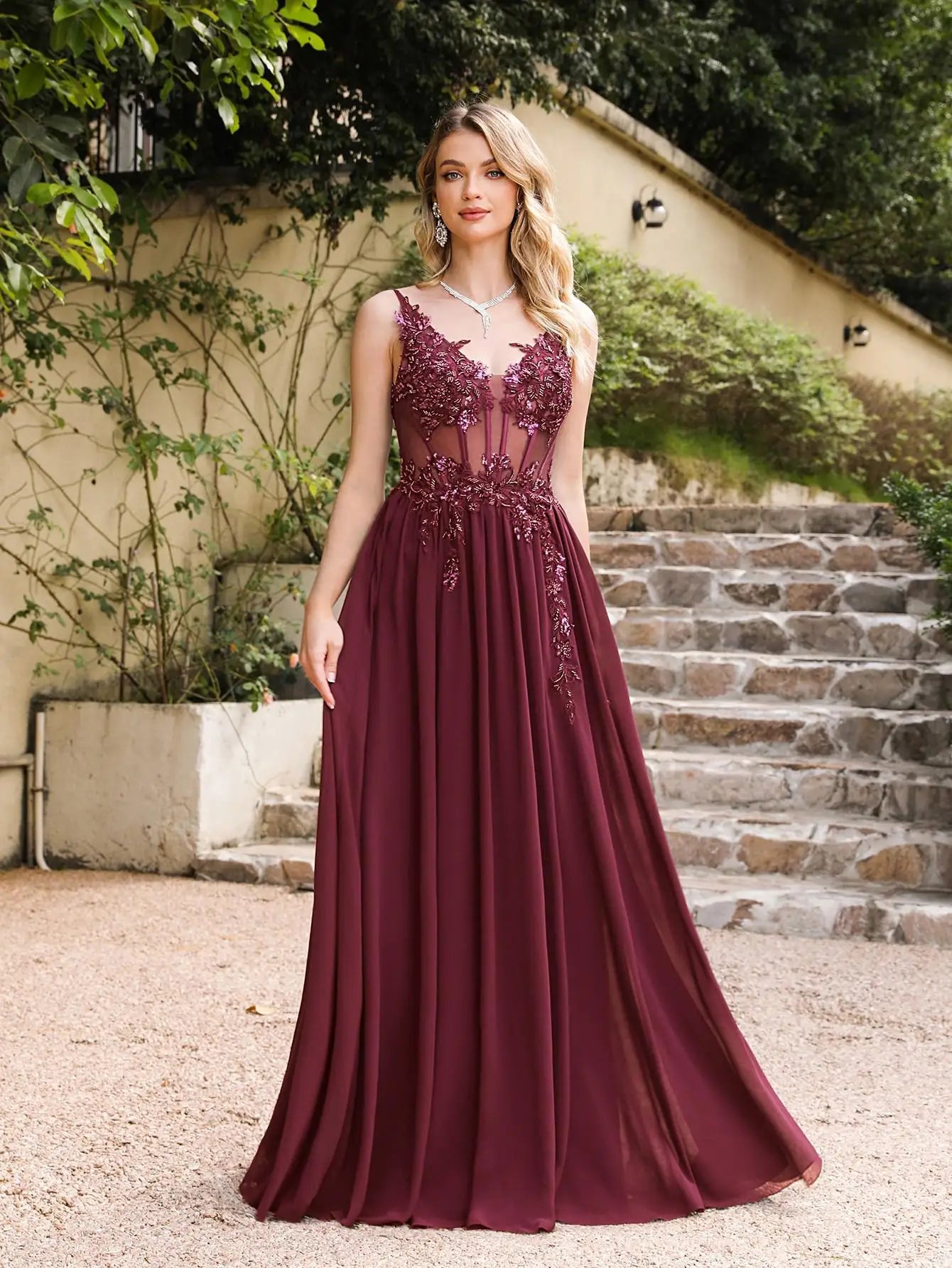 Beaded Applique A-Line Prom Gown | Spaghetti Strap Formal Evening Dress