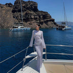 Sheer Long Sleeve Beach Cover-Up Dress | Backless Floor-Length Wrap Dress