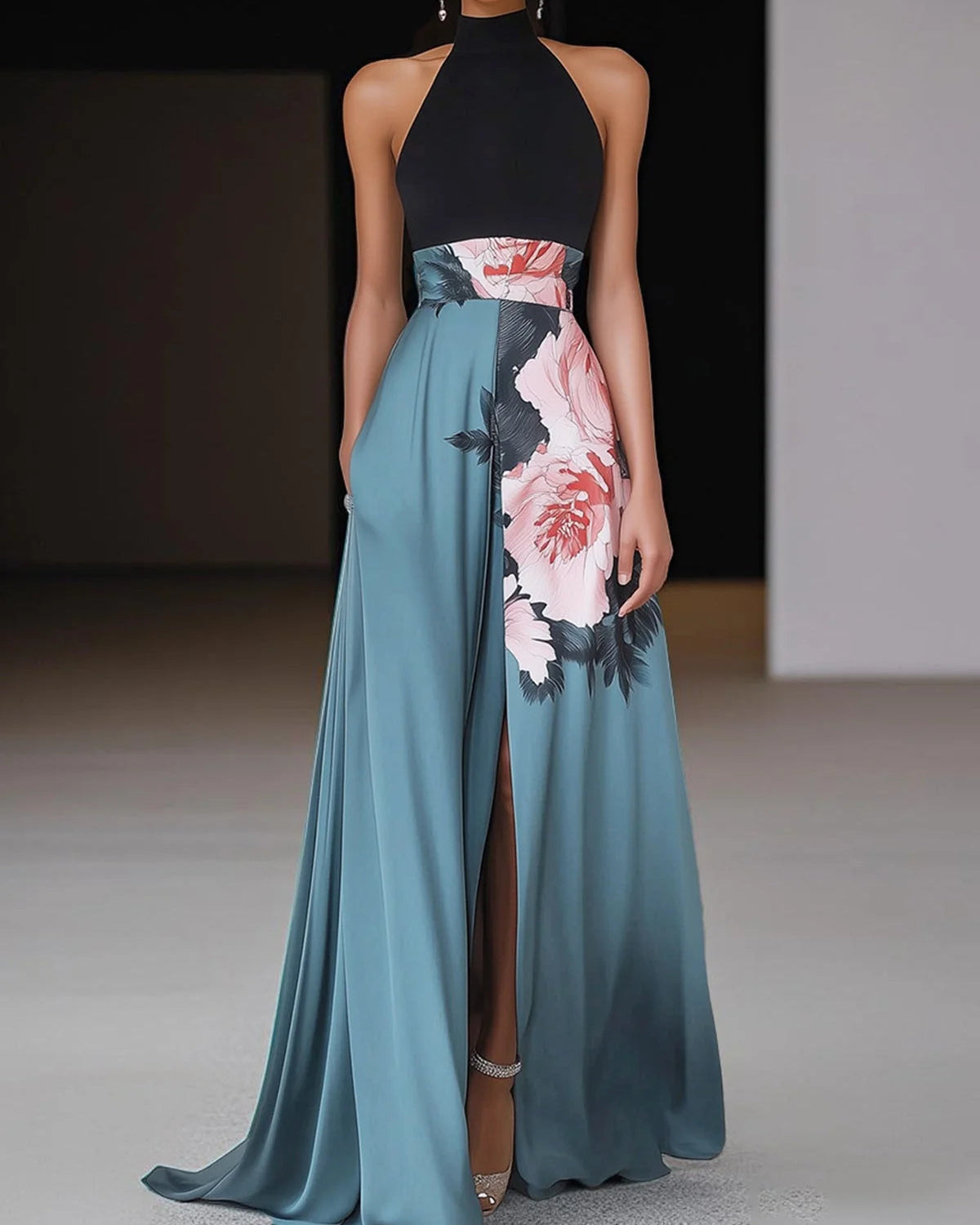 Floral Print Backless High Waist Boho A-Line Dress