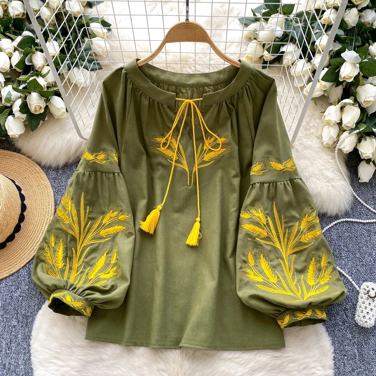 Embroidered Ethnic Lantern Sleeve Top | Retro Belted Boho Blouse