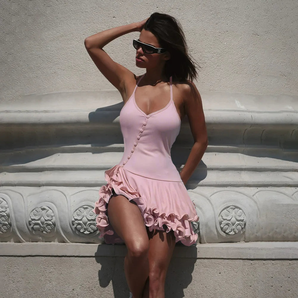 Ruffle Hem Button Mini Dress | V-Neck Asymmetric Bodycon Party Dress
