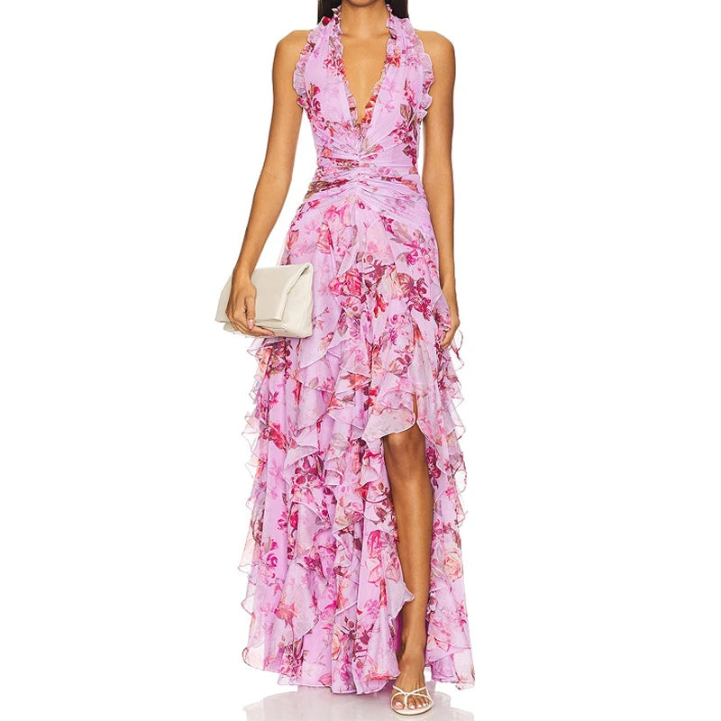 Sexy Sleevless Hollow Out Cake Long Dress Fashion Pattern Print Waist Slim Party Dress Elegant Deep V-neck Halter Vacation Dress