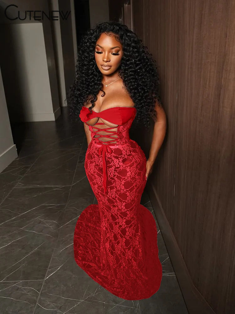 Strapless Lace Bodycon Maxi Dress | Coquette Sheath Evening Gown