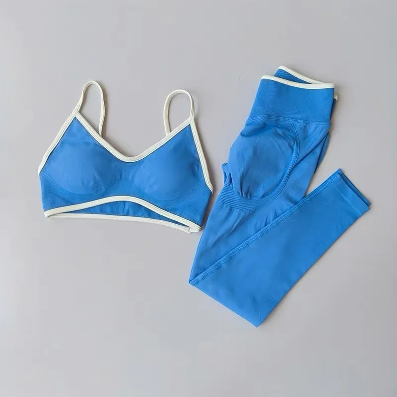 Strappy Contrast Yoga Fitness Suit | Shockproof Quick-Dry Nude Feel Set