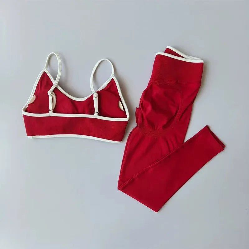 Strappy Contrast Yoga Fitness Suit | Shockproof Quick-Dry Nude Feel Set