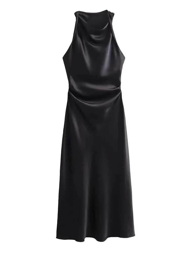 Halter Satin Slip Midi Dress | A-Line Sleeveless Summer Evening Dress