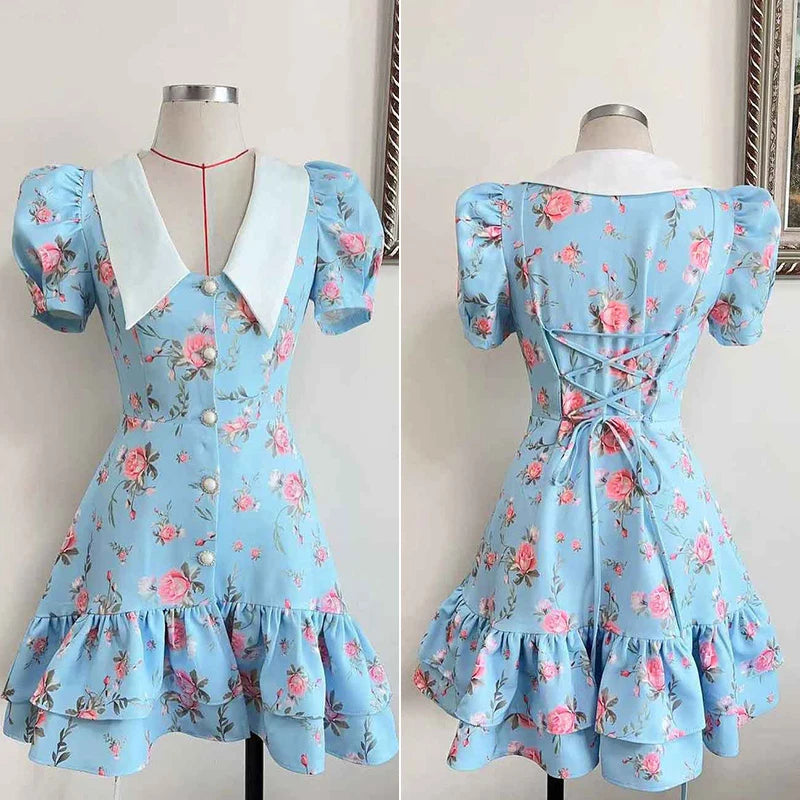 Puff Sleeve Pearl Ruffled Mini Dress | V-Neck A-Line Sweet Party Dress