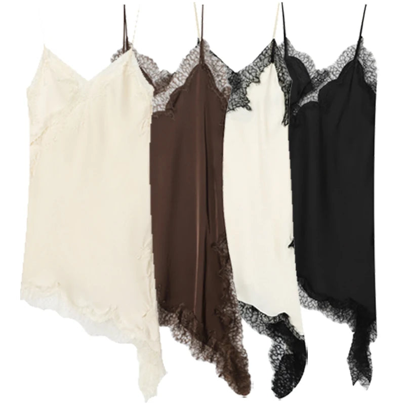 Lace Asymmetric Slip Dress | Backless V-Neck Spaghetti Strap Mini
