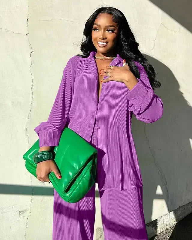 Long Sleeve Shirt & Wide Leg Pants Two-Piece Tracksuit