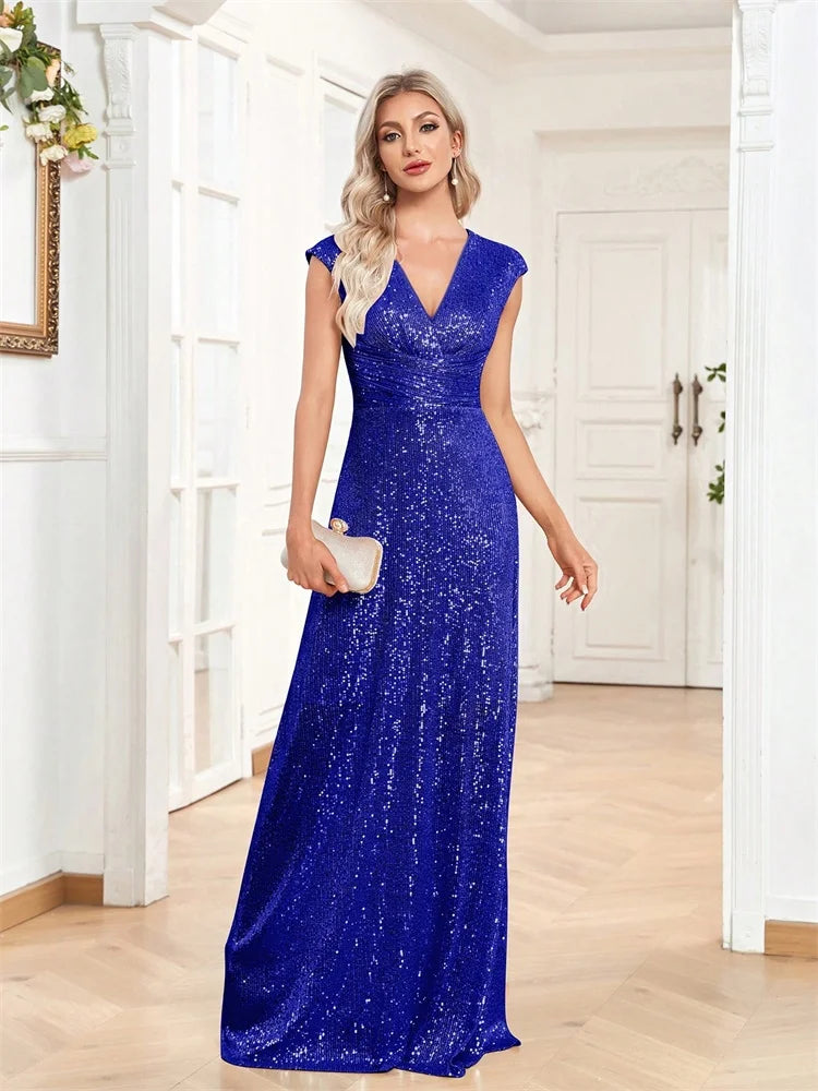 Sequin Mermaid Evening Gown | V-Neck Floor Length Formal Prom Dress