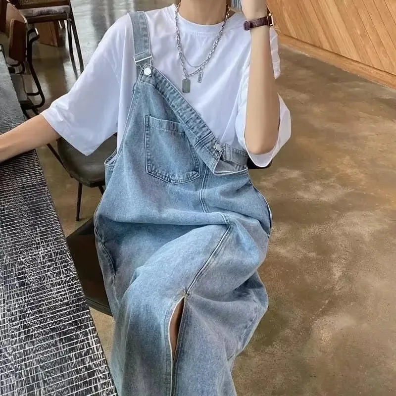 Denim Overall Dress | Sleeveless Spaghetti Strap Ankle-Length Jumper
