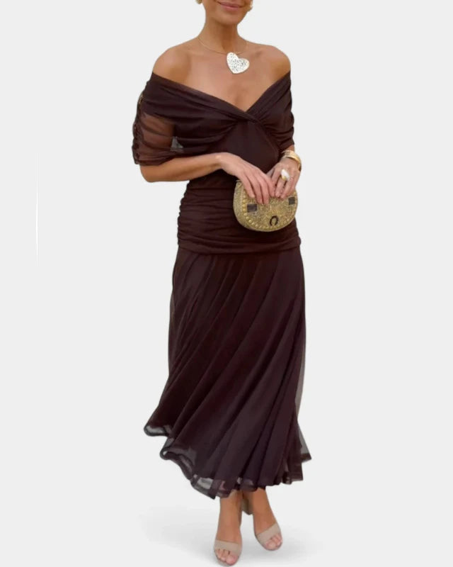 V-Neck Off Shoulder Mesh Print Elegant Midi Dress