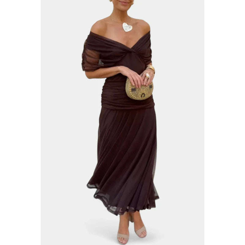 V-Neck Off Shoulder Mesh Print Elegant Midi Dress