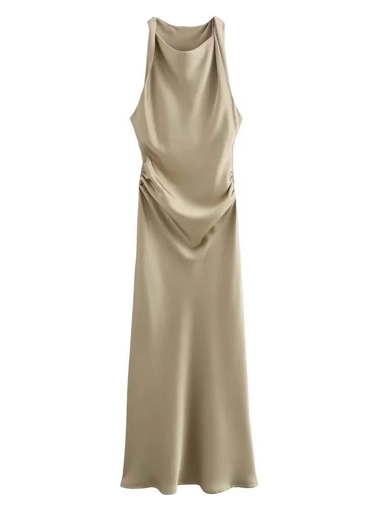 Halter Satin Slip Midi Dress | A-Line Sleeveless Summer Evening Dress