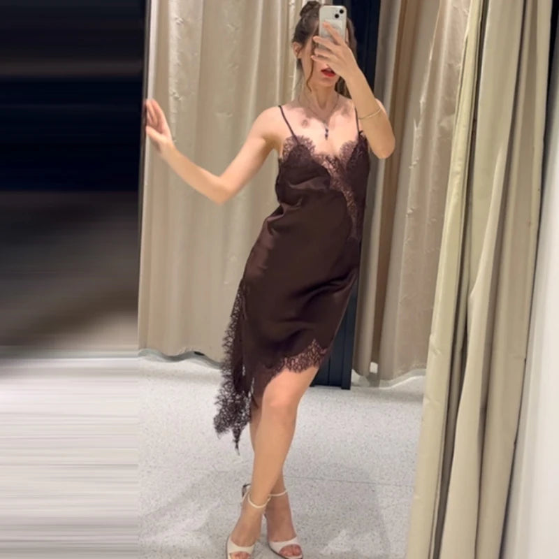 Lace Asymmetric Slip Dress | Backless V-Neck Spaghetti Strap Mini