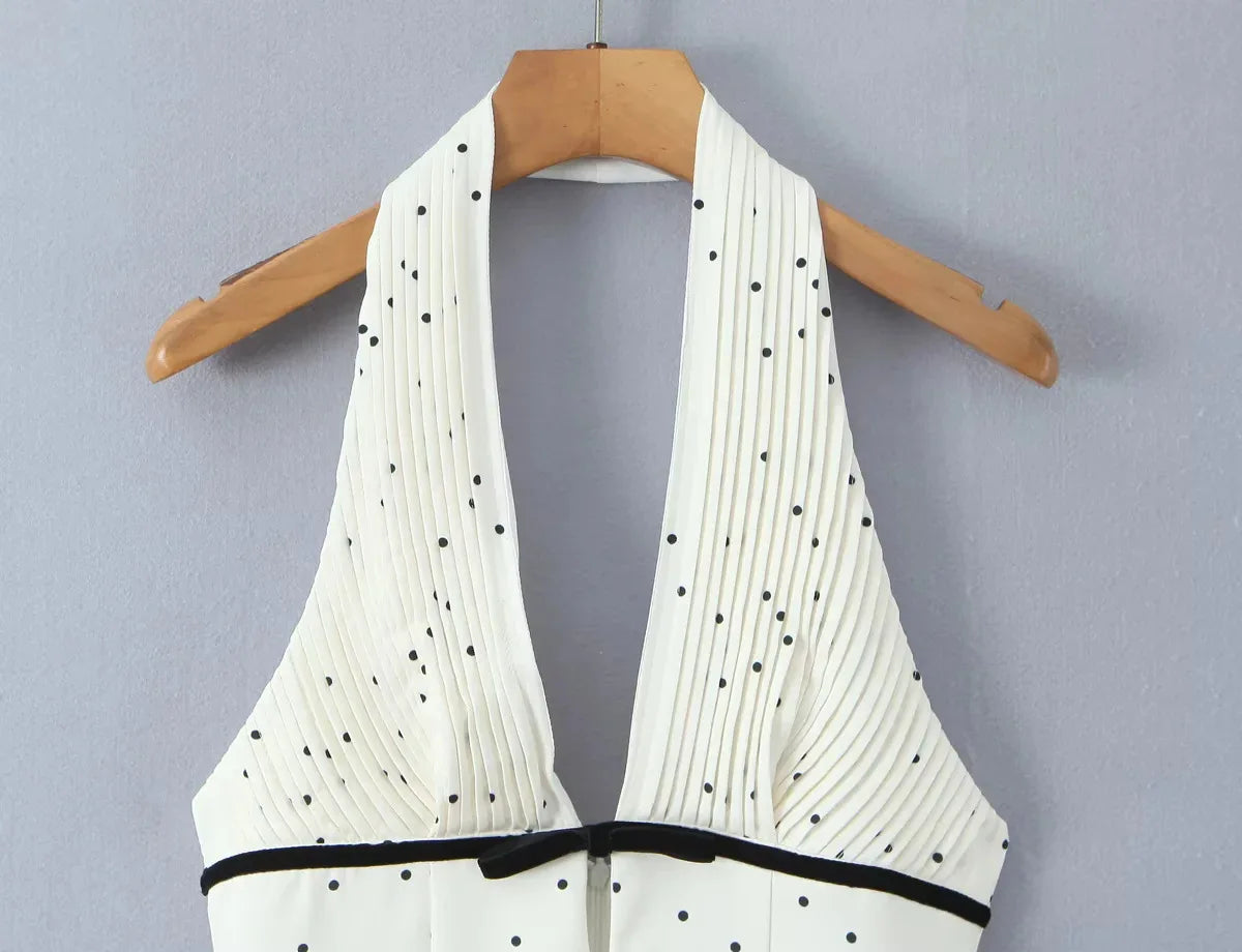 Polka Dot Backless Halter Mini Dress | High Waist V-Neck A-Line Dress