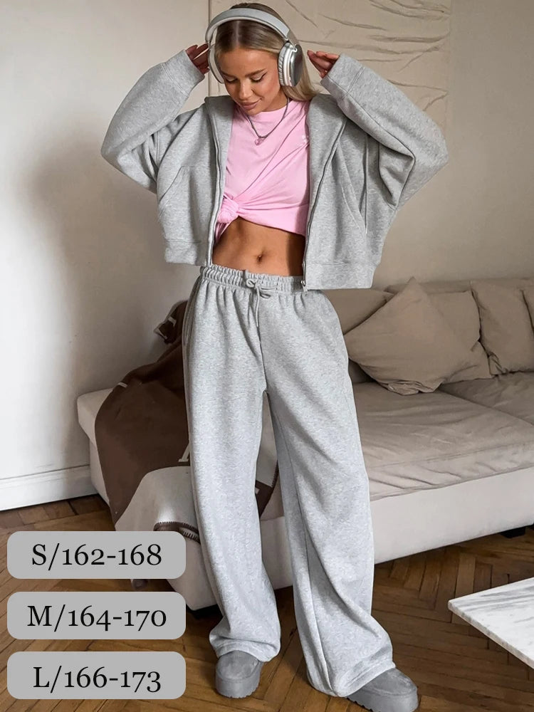 2-Piece Zipper Hoodie Tracksuit Set | Loose Wide Leg Casual Loungewear