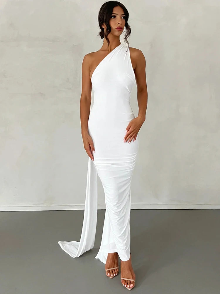 One-Shoulder Ruched Maxi Dress | Backless Scarf Loop Y2K Festival Gown