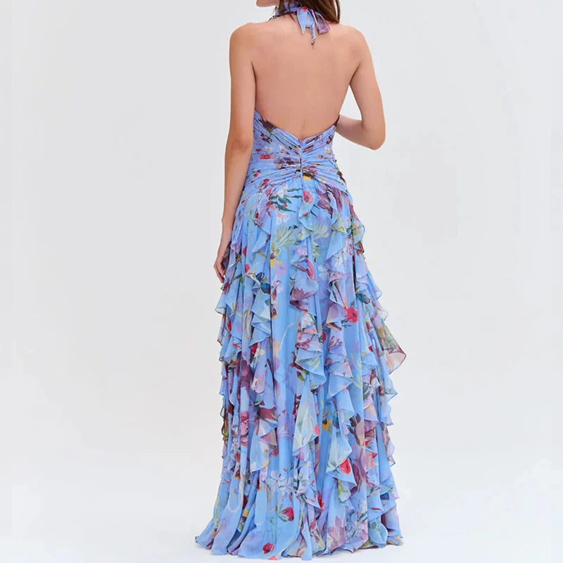 Deep V-Neck Halter Print Slim Party Maxi Dress