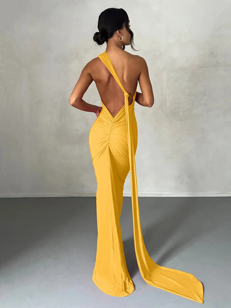 One-Shoulder Ruched Maxi Dress | Backless Scarf Loop Y2K Festival Gown
