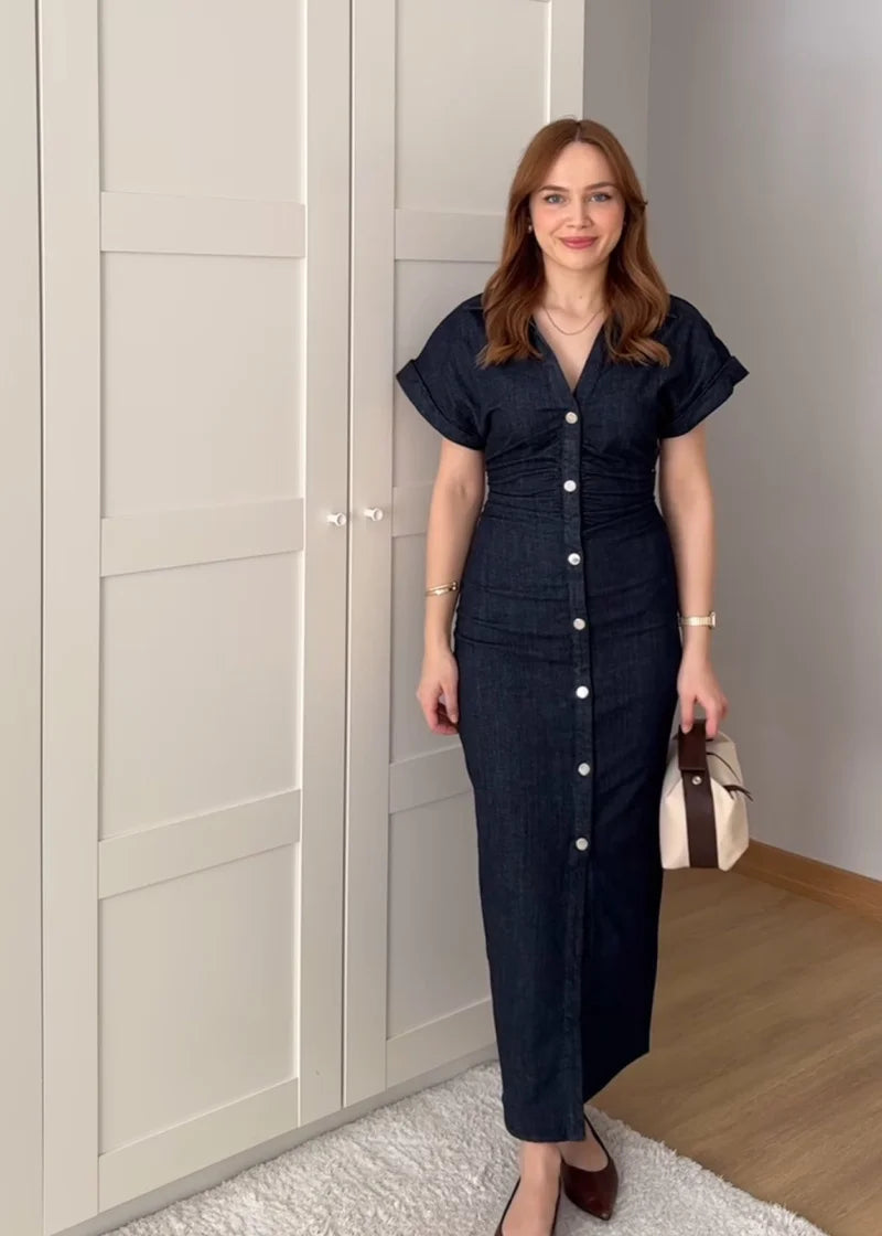 Lapel Collar Denim Midi Dress | Side Zipper Pencil Dress