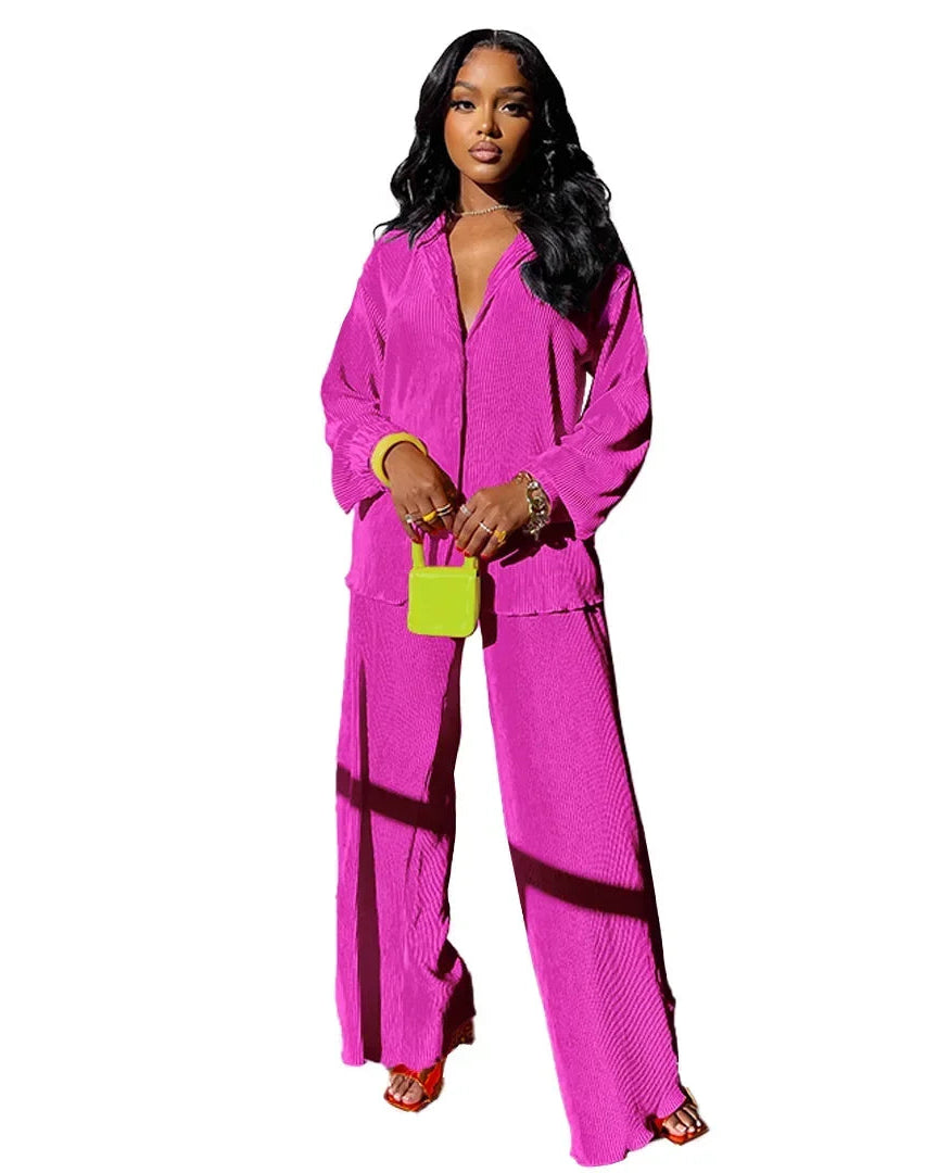 Long Sleeve Shirt & Wide Leg Pants Two-Piece Tracksuit