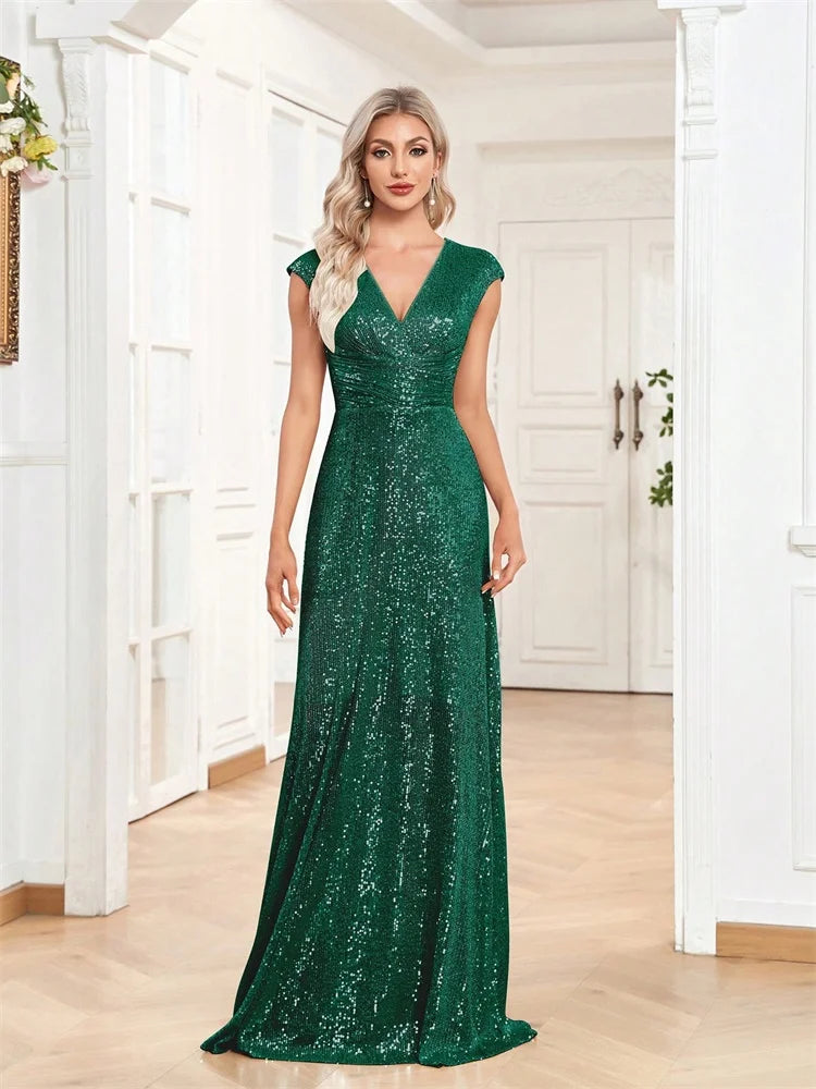 Sequin Mermaid Evening Gown | V-Neck Floor Length Formal Prom Dress