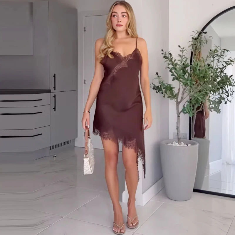 Lace Asymmetric Slip Dress | Backless V-Neck Spaghetti Strap Mini