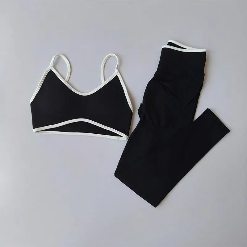 Strappy Contrast Yoga Fitness Suit | Shockproof Quick-Dry Nude Feel Set